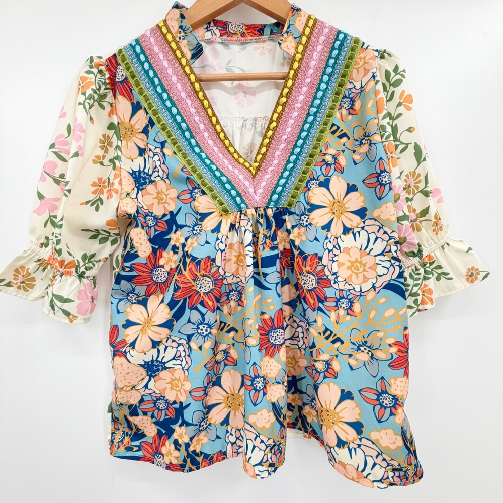Boho Floral Mixed Print V-Neck Blouse with Embroidered Trim Small